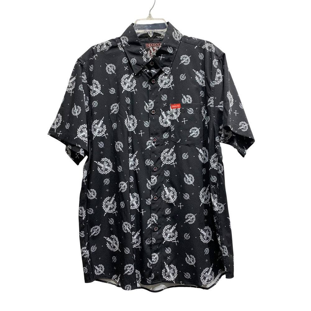 DIXXON Mens The Candle Short Sleeve Button Up Shirt Black White Graphic Print L